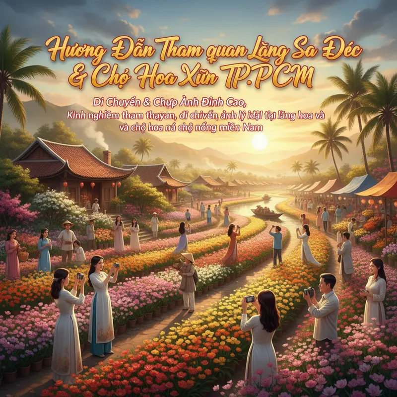 Làng hoa Sa Đéc rực rỡ dưới nắng sớm với nhiều loài hoa, khách tham quan và nhà vườn truyền thống.