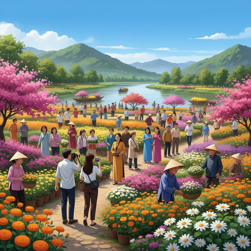 Khung cảnh làng hoa Sa Đéc vào mùa xuân với sắc hoa rực rỡ và du khách nhộn nhịp.