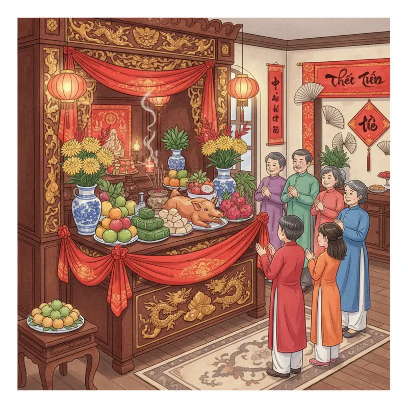 Bàn thờ cúng Ông Táo, đầy đủ lễ vật truyền thống và cá chép.