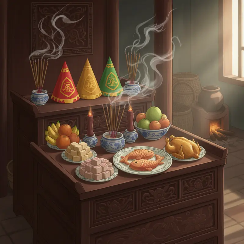 Bàn thờ cúng Ông Táo, đầy đủ lễ vật truyền thống và cá chép.