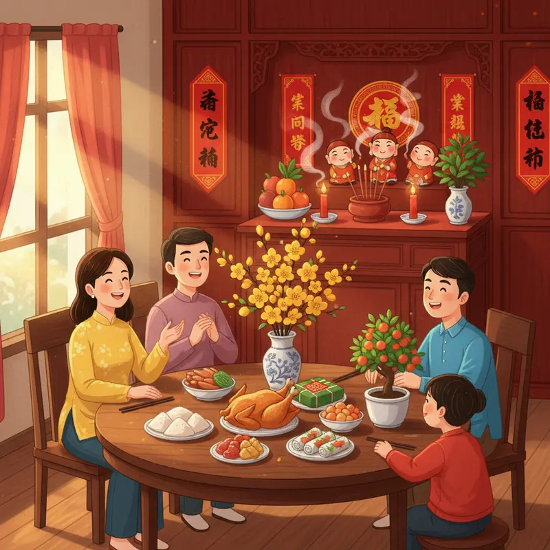 Khung cảnh gia đình Việt tụ họp bên mâm lễ vật và bàn thờ Ông Táo ngày cuối năm.