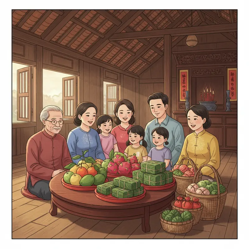 Giỏ quà Tết truyền thống trong khung cảnh gia đình xưa.