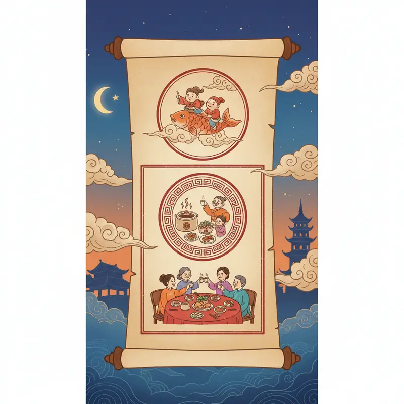 Bàn thờ cúng Ông Táo, đầy đủ lễ vật truyền thống và cá chép.