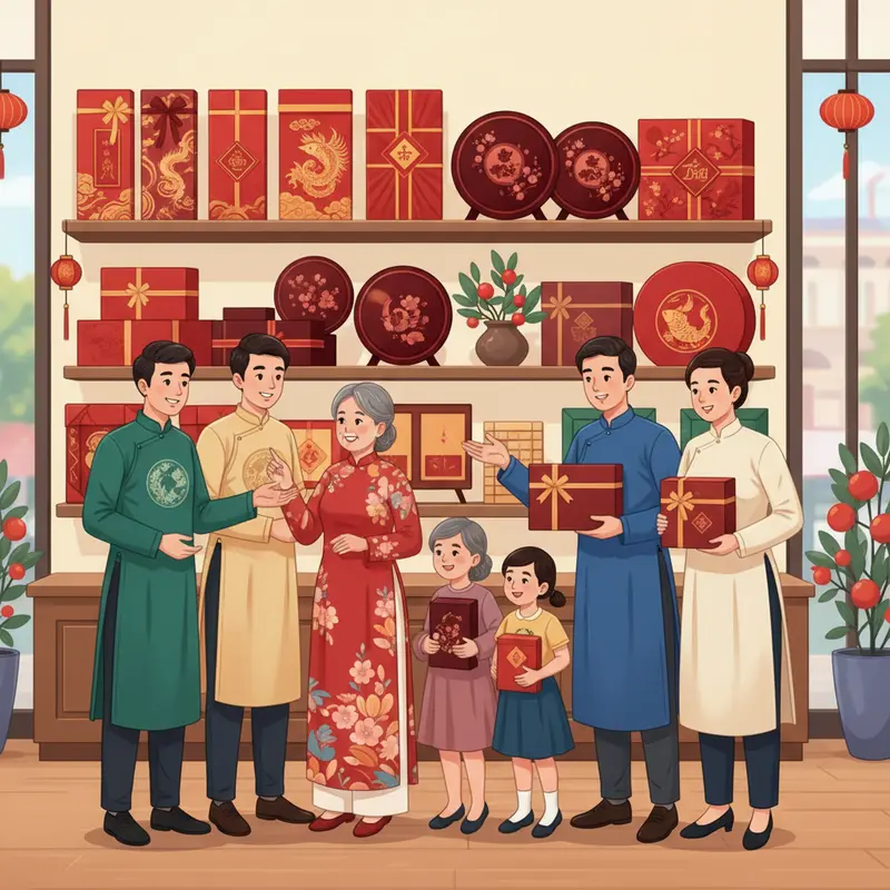 Gia đình cùng trao tặng hộp quà Tết truyền thống, thể hiện sự sum họp và kính trọng.