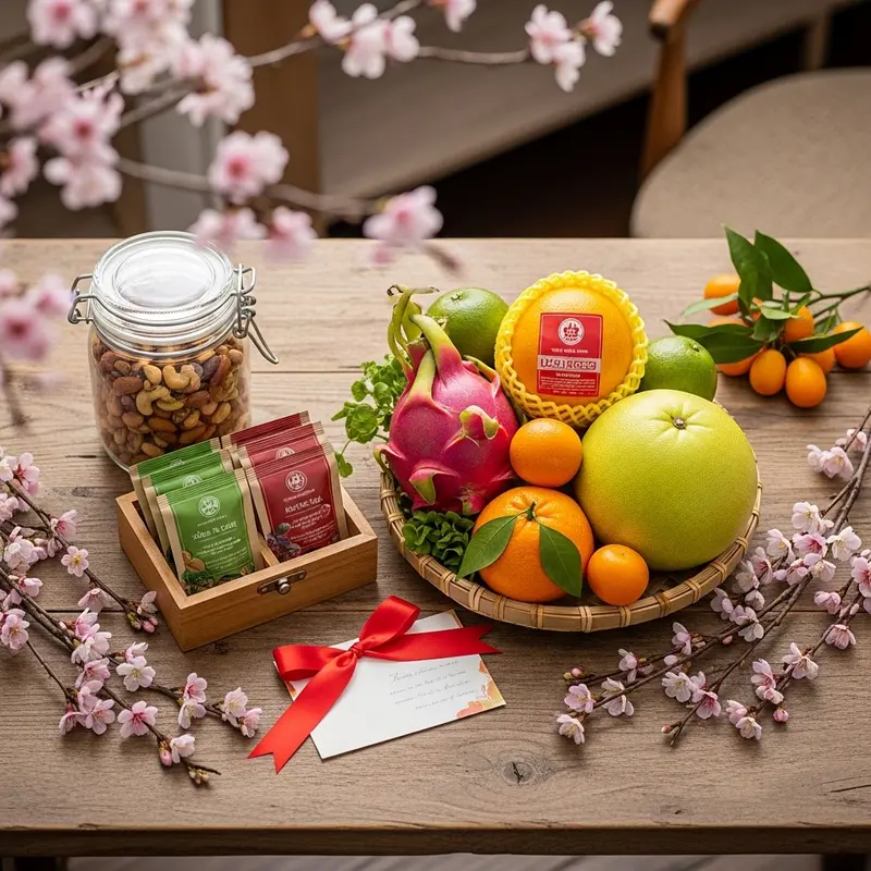 Bố cục quà Tết healthy hiện đại với hạt dinh dưỡng, trà thảo mộc và trái cây tươi cao cấp.