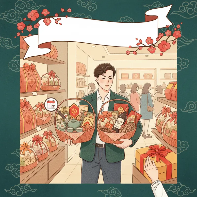 Phòng khách ngày Tết với giỏ quà nổi bật và không khí sum vầy ấm áp.