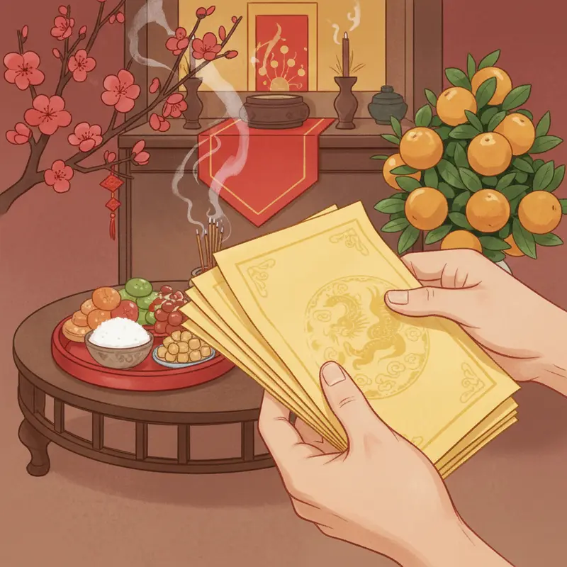 Gia đình Việt chuẩn bị mâm cúng hóa vàng trong không khí Tết sum vầy.