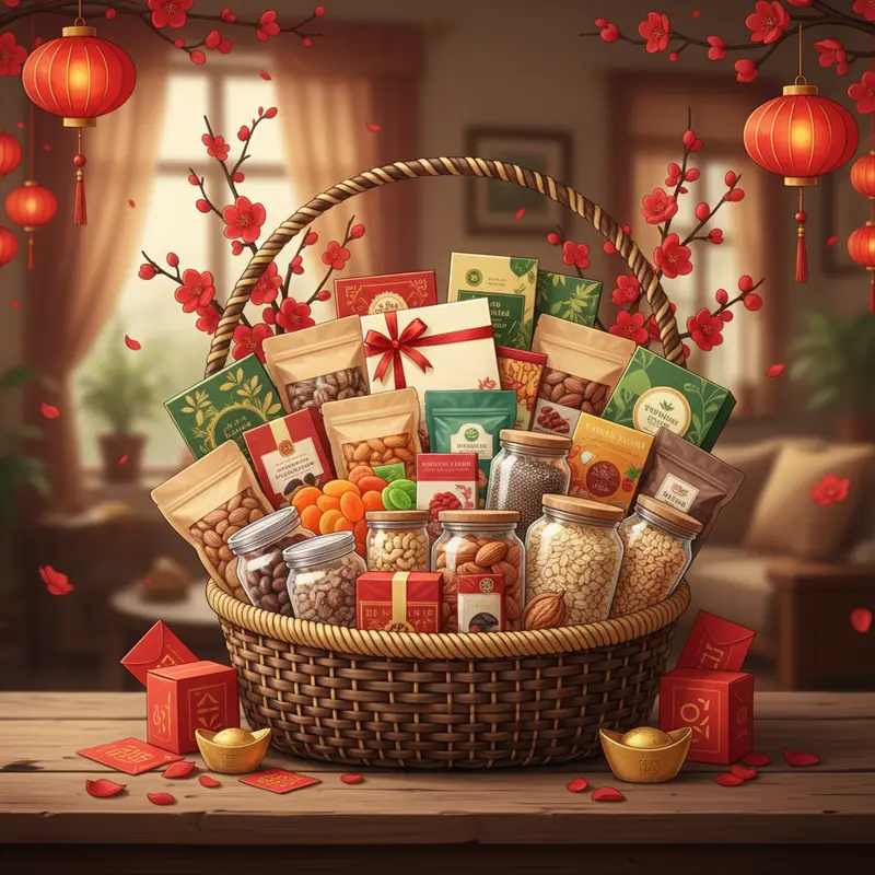 Hình ảnh giỏ quà Tết cao cấp với các thực phẩm tốt cho sức khỏe, thích hợp cho người tiểu đường.