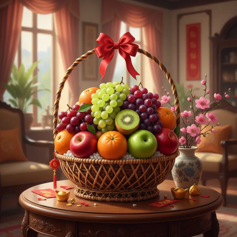 Giỏ quà trái cây nhập khẩu cho dịp Tết được bày biện đẹp mắt trên bàn gỗ sang trọng.