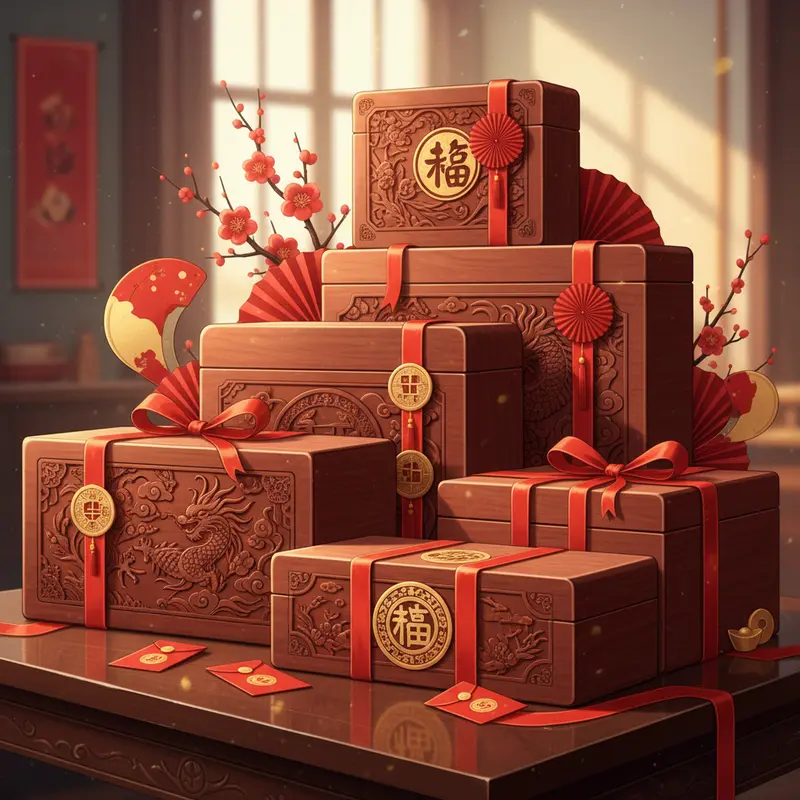 Quà Tết gói bằng tre, gỗ và giấy tái chế trên bàn truyền thống.