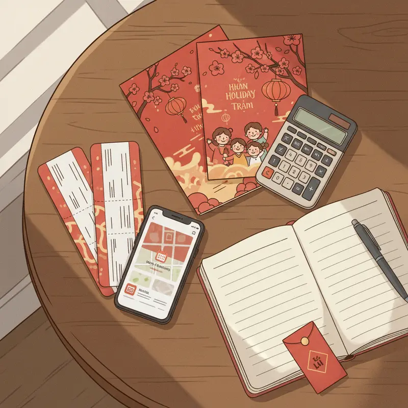 Cả gia đình ngồi cùng nhau lên kế hoạch du lịch Tết với bản đồ và laptop.