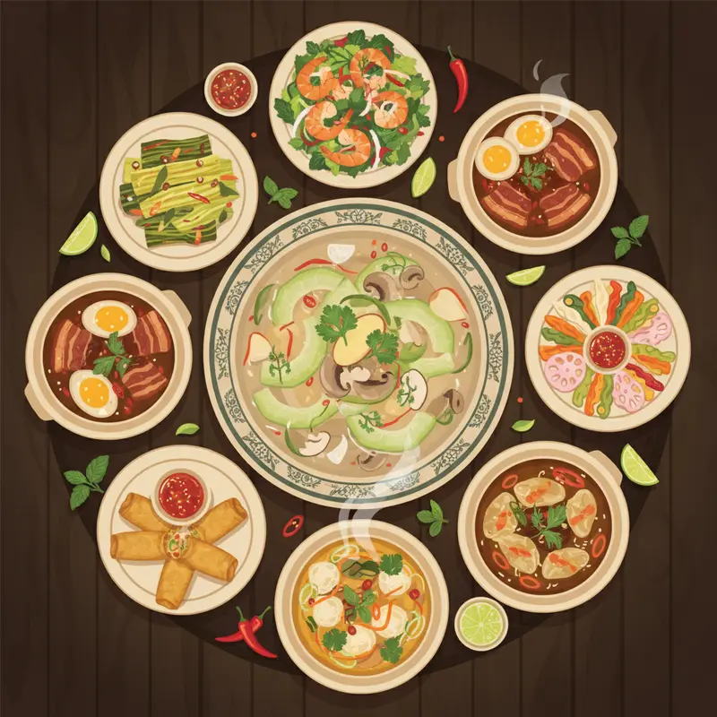 Mâm cơm ngày Tết với các món canh và ăn kèm giúp giải ngán, cân bằng bữa ăn.