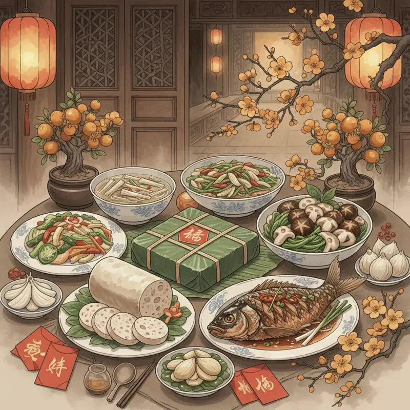 Phòng khách truyền thống ngày Tết, rác được gom lại một góc để giữ lộc.