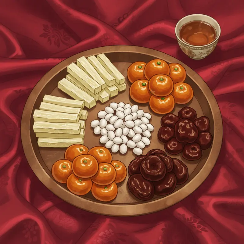 Bàn trà ngày Tết với đa dạng mứt, kẹo và hoa mai vàng nổi bật.