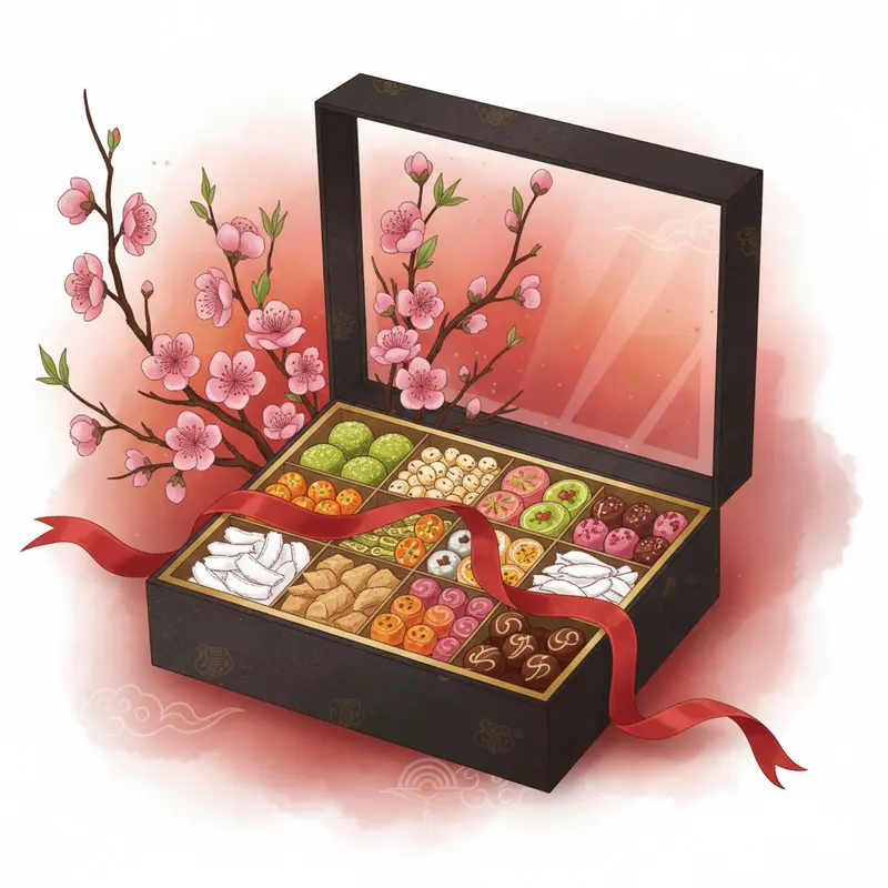 Bàn trà ngày Tết với đa dạng mứt, kẹo và hoa mai vàng nổi bật.