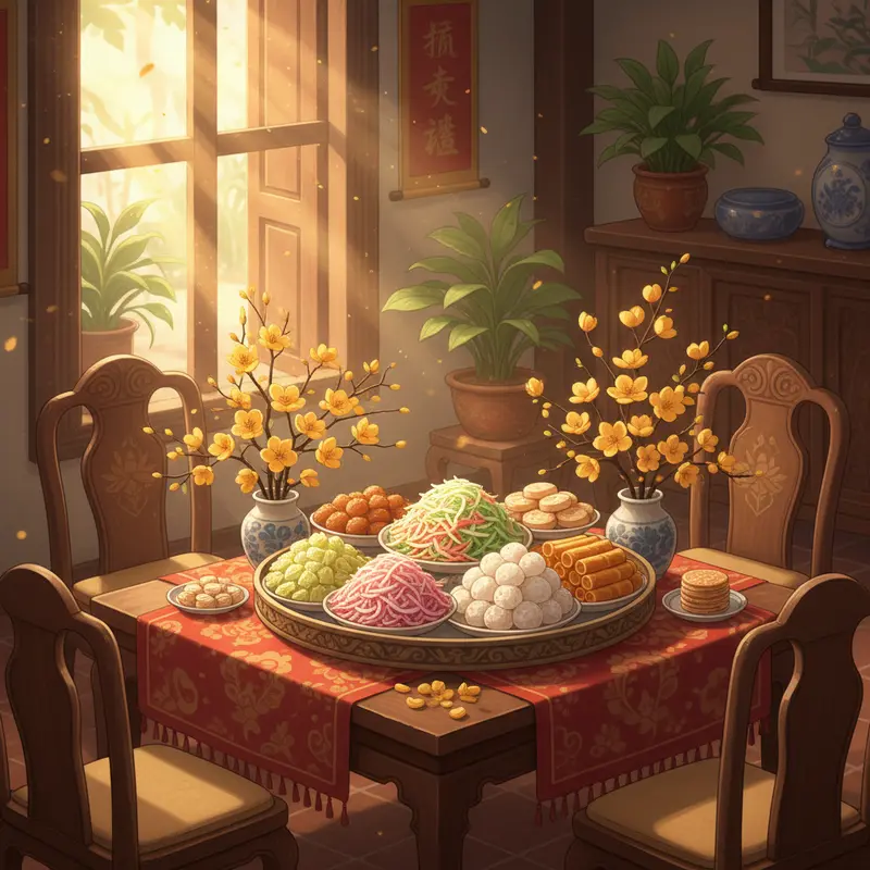 Bàn trà ngày Tết với đa dạng mứt, kẹo và hoa mai vàng nổi bật.