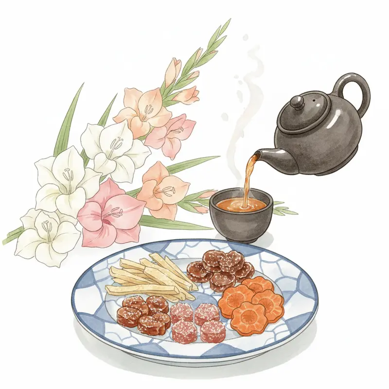 Bàn trà ngày Tết với đa dạng mứt, kẹo và hoa mai vàng nổi bật.