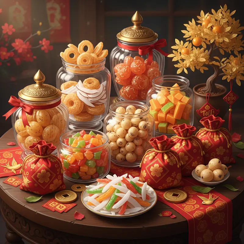 Các vật dụng và nguyên liệu cần thiết để làm giỏ quà Tết truyền thống.