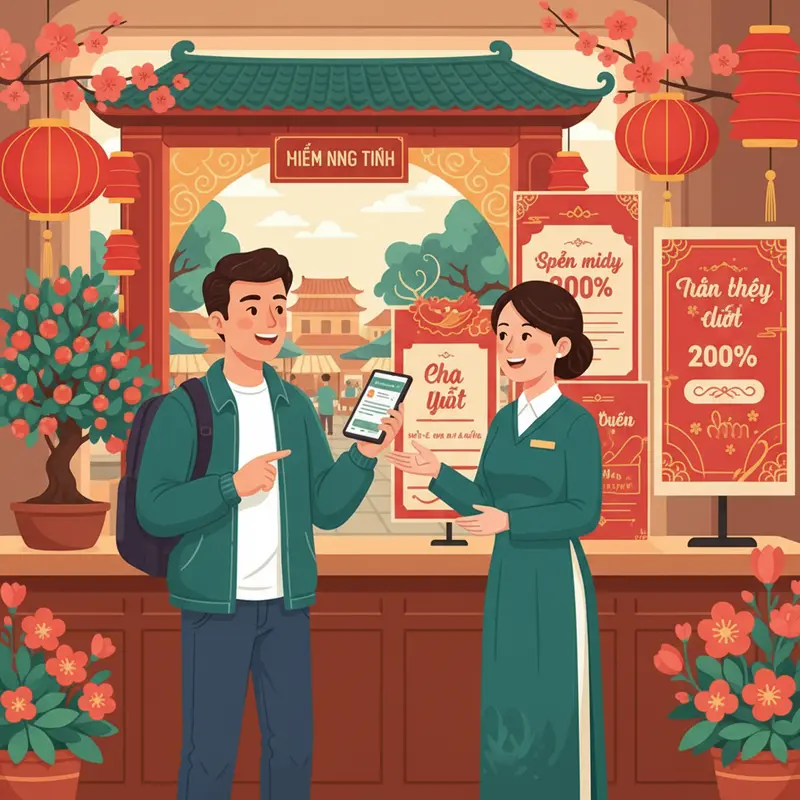 Quầy lễ tân khách sạn trang trí Tết cùng bảng báo giá phụ phí ngày lễ.