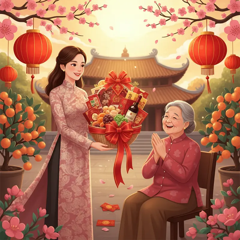 Giỏ quà Tết truyền thống trong khung cảnh gia đình xưa.