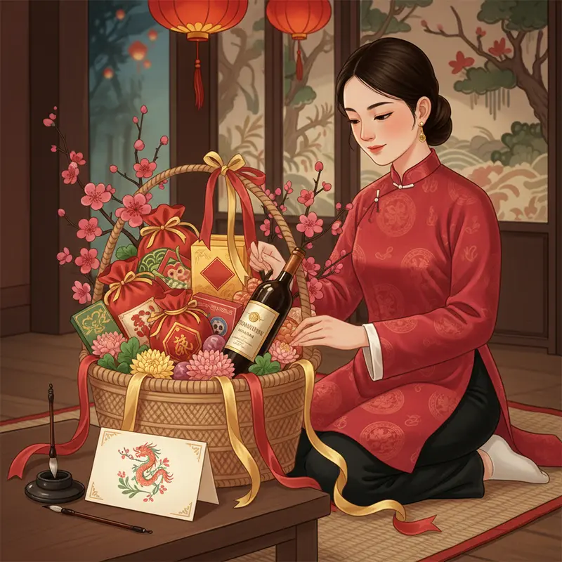 Sếp nữ nhận giỏ quà Tết sang trọng tại văn phòng.