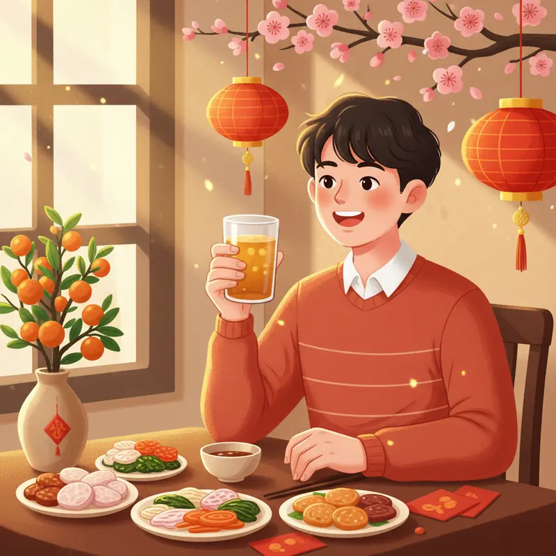 Bàn tiệc Tết cùng dưa món và kombucha bổ trợ tiêu hóa.