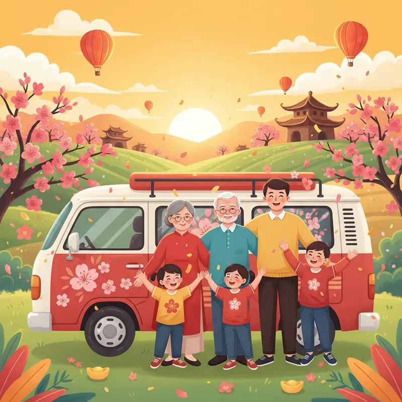 Gia đình nhiều thế hệ vui vẻ du lịch bên xe và phong cảnh mùa xuân, tràn đầy hạnh phúc.