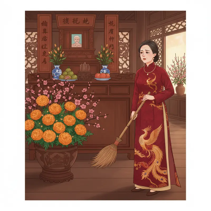 Phòng khách sạch sẽ và tươm tất ngày đầu năm, không có các dụng cụ quét dọn.