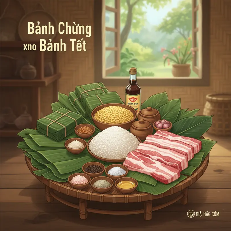 Gia đình sum vầy bên mâm cỗ Tết với bánh chưng và bánh tét