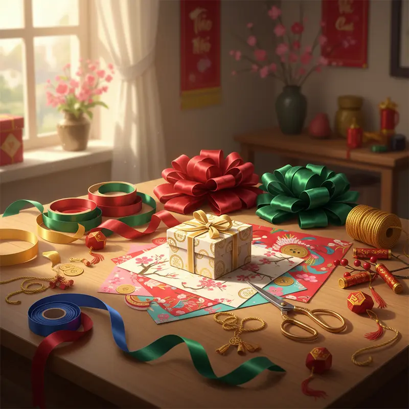 Bàn chuẩn bị nguyên liệu gói quà Tết với ruy băng, nơ vải, giấy gói, kéo, và phụ kiện trang trí.