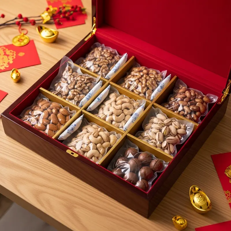 Các loại hạt dinh dưỡng đa dạng và tươi mới được bảo quản kỹ trong hộp quà cao cấp.