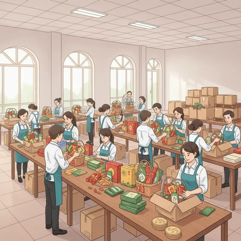 Trao giỏ quà Tết sang trọng trong khung cảnh sum vầy ấm áp.