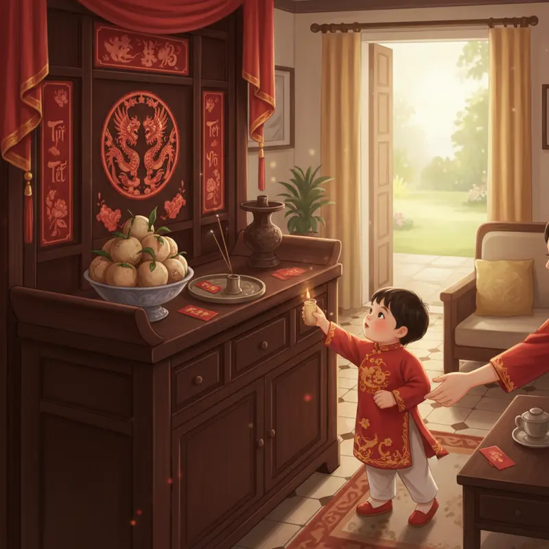 Gia đình sum vầy bên bàn thờ tổ tiên, làn khói hương kết nối ba thế hệ vào dịp Tết.