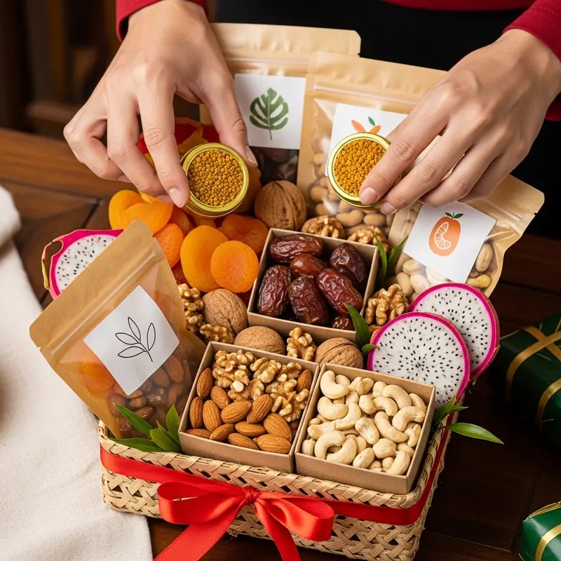 Hộp quà Tết healthy sang trọng, in logo thương hiệu nổi bật, giữa không gian hoa mai, bánh trái tươi ngon.