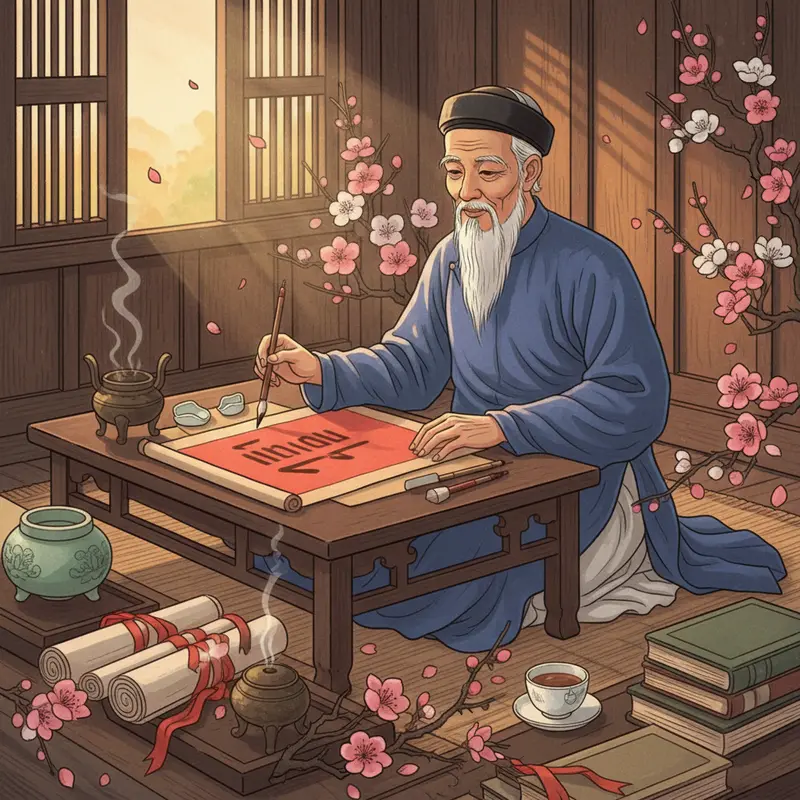 Ông đồ viết thư pháp tại phiên chợ Tết truyền thống.