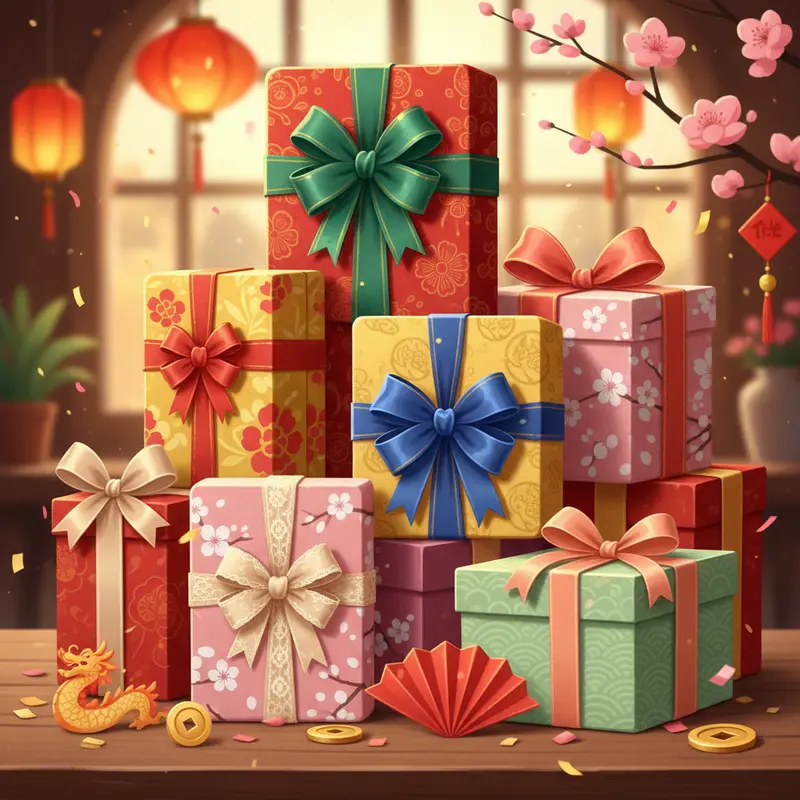 Bàn chuẩn bị nguyên liệu gói quà Tết với ruy băng, nơ vải, giấy gói, kéo, và phụ kiện trang trí.