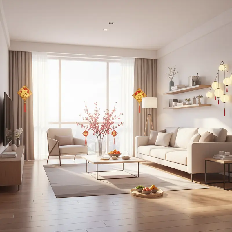 Phòng khách sạch sẽ và tươm tất ngày đầu năm, không có các dụng cụ quét dọn.