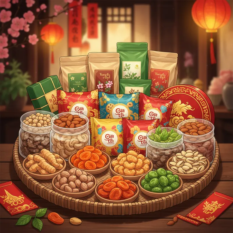 Giỏ quà Tết đẹp, nhiều đặc sản, không rượu vang trong phòng làm việc doanh nghiệp hiện đại.