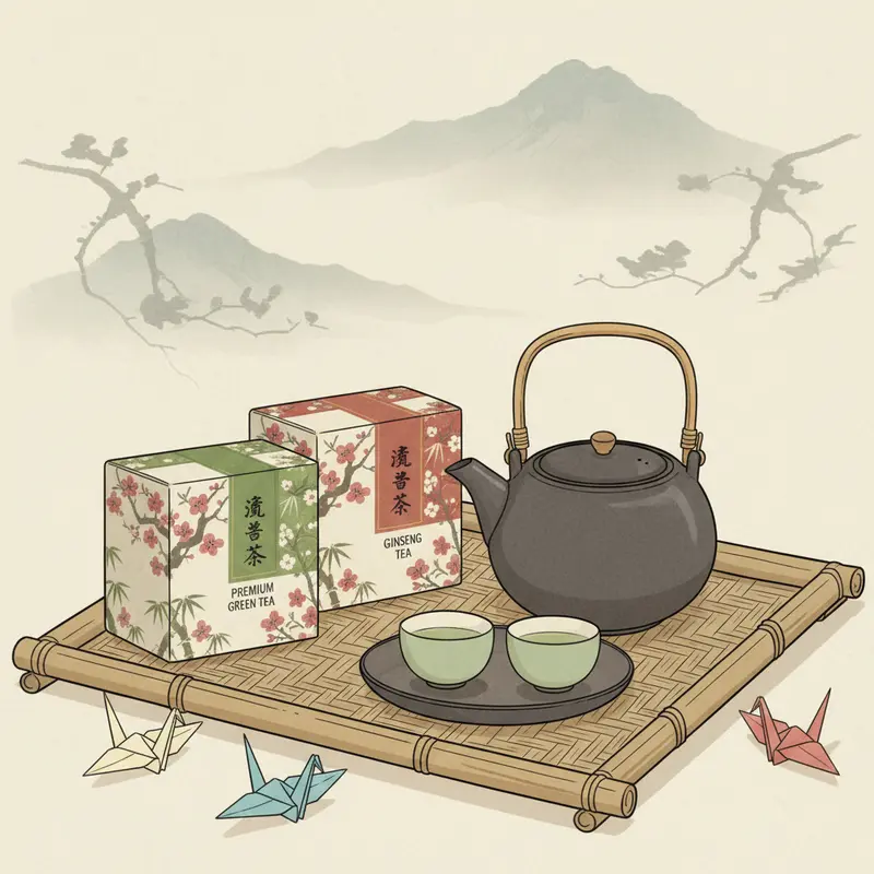 Quà tặng gói phong cách Nhật và Hàn bên hoa anh đào và lụa truyền thống.