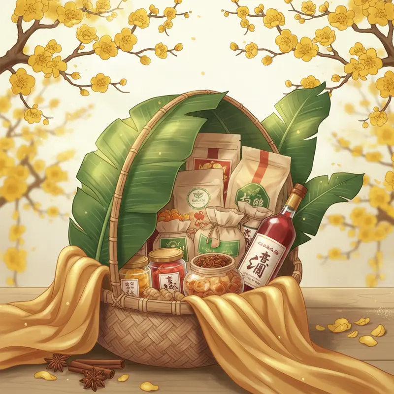 Không khí sum vầy ngày Tết với bánh chưng, mứt và mâm ngũ quả truyền thống.