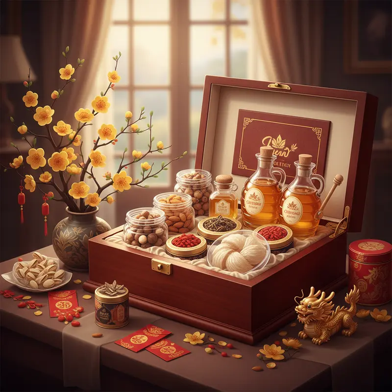 Hộp quà Tết healthy gồm hạt dinh dưỡng, trà thảo mộc và mật ong nguyên chất.