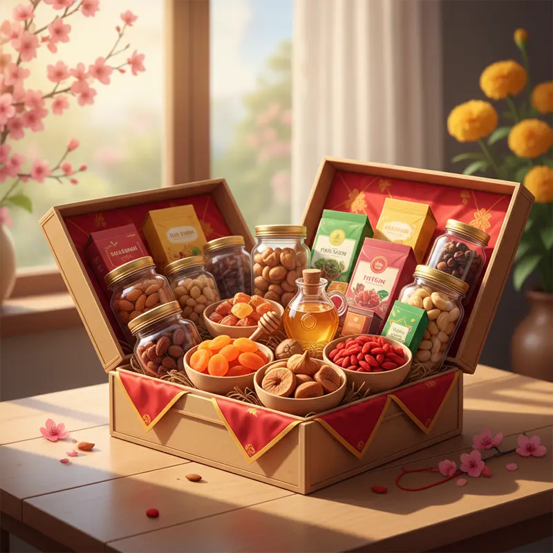 Hộp quà Tết healthy gồm hạt dinh dưỡng, trà thảo mộc và mật ong nguyên chất.