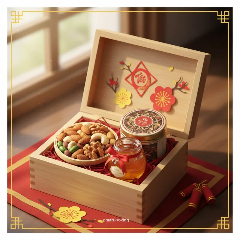 Hộp quà Tết healthy gồm hạt dinh dưỡng, trà thảo mộc và mật ong nguyên chất.