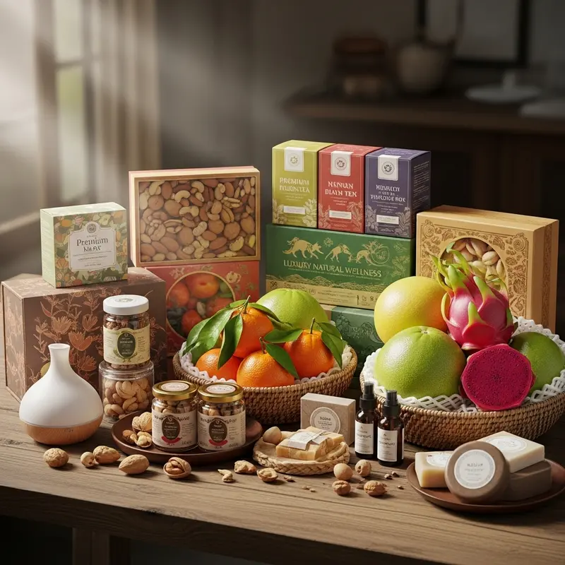 Bố cục quà Tết healthy hiện đại với hạt dinh dưỡng, trà thảo mộc và trái cây tươi cao cấp.