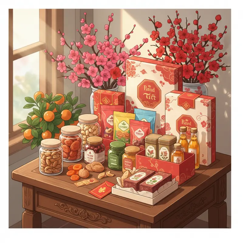 Hình ảnh tổng hợp các hộp quà Tết healthy với nhiều lựa chọn tốt cho sức khỏe, không có chữ.