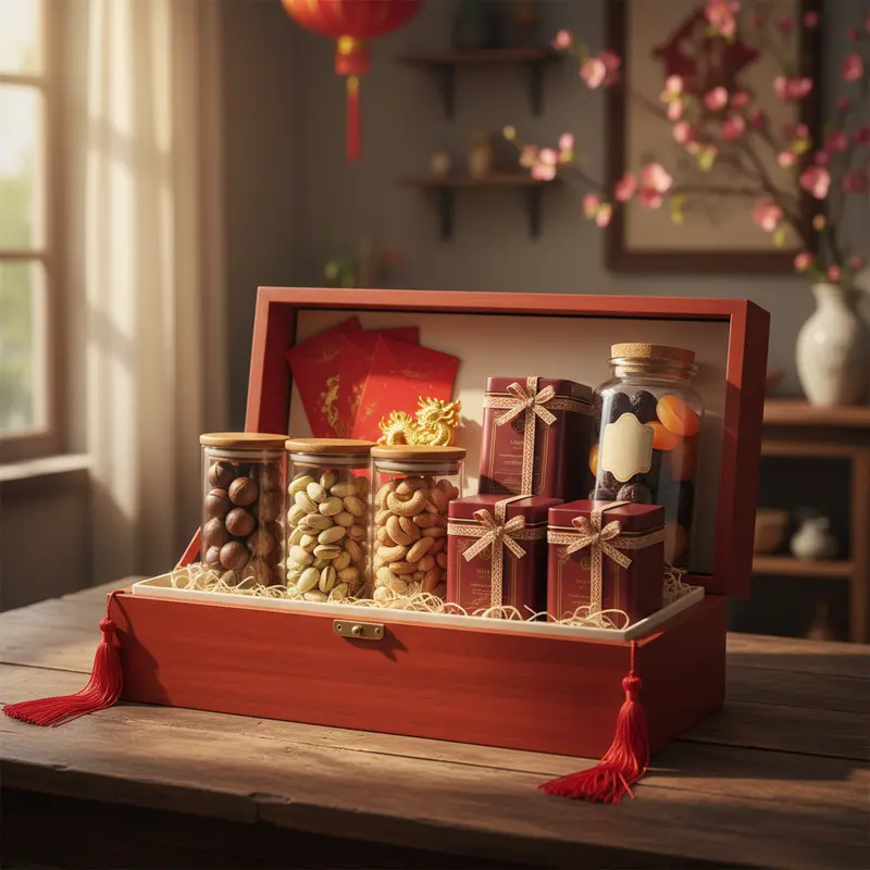 Hộp quà Tết healthy gồm hạt dinh dưỡng, trà thảo mộc và mật ong nguyên chất.