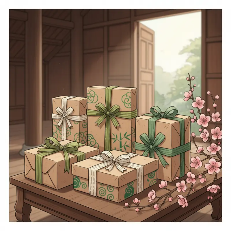 Quà Tết gói bằng tre, gỗ và giấy tái chế trên bàn truyền thống.