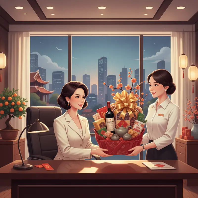 Sếp nữ nhận giỏ quà Tết sang trọng tại văn phòng.