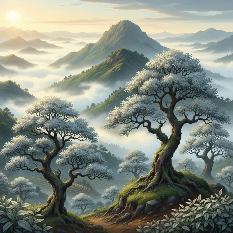 Cây trà Shan Tuyết cổ thụ giữa núi cao Tây Bắc, lá trà phủ lông trắng ánh bạc.