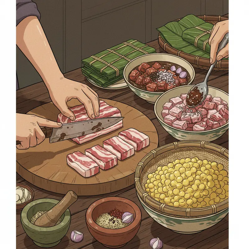 Gia đình sum vầy bên mâm cỗ Tết với bánh chưng và bánh tét